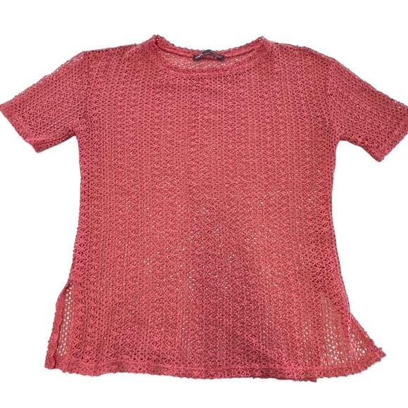Zara Top Womens Small Pink Crochet Knit Sheer Short Sleeve Boho Summer Top - Picture 1 of 8